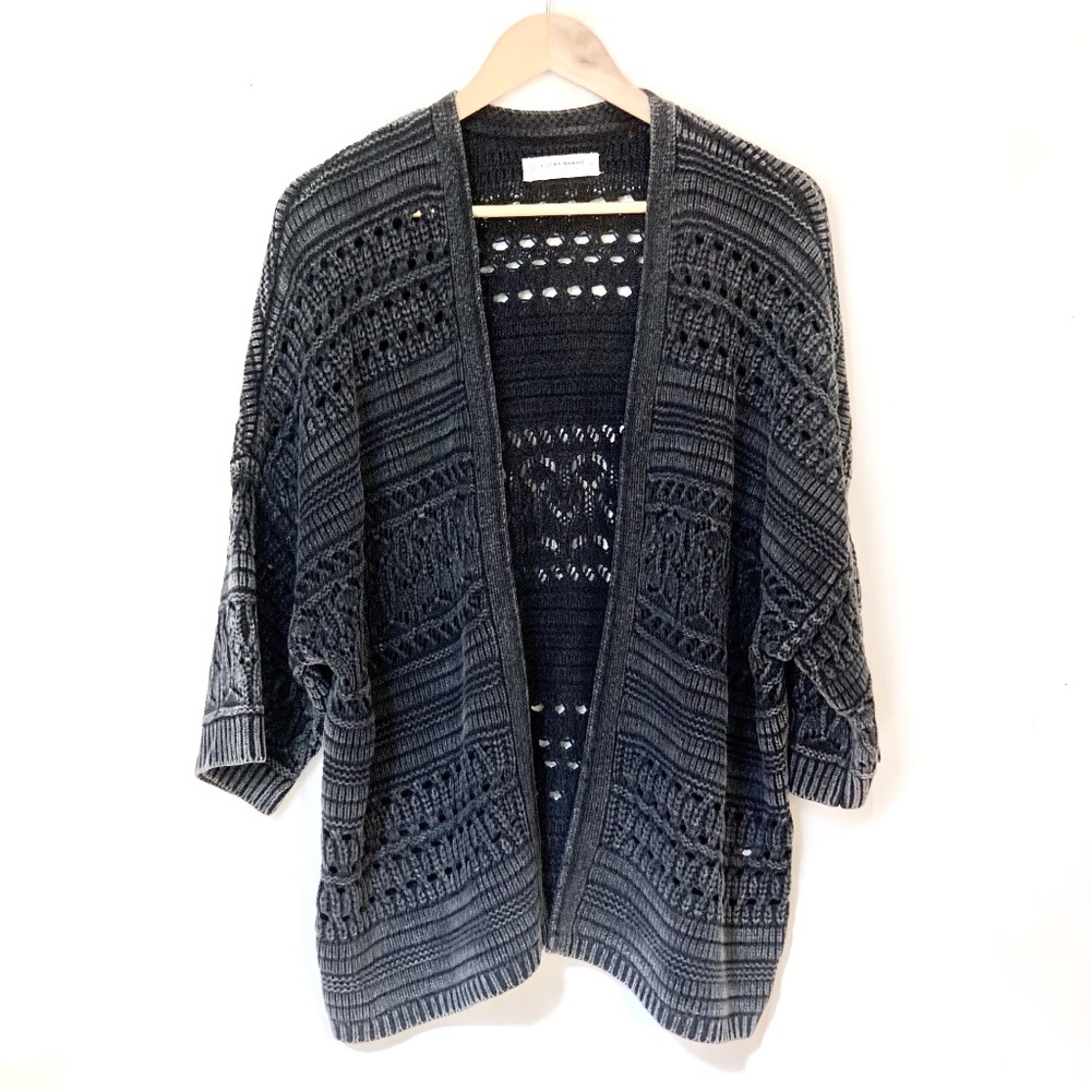 Lucky Brand Dark Acid Wash Open Front Crochet Cardigan Size Small